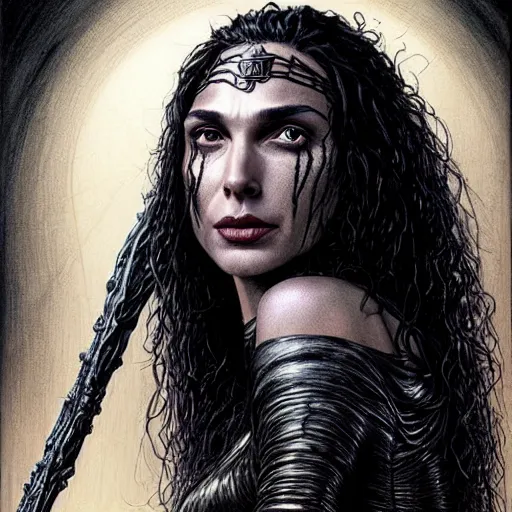 Image similar to head and shoulders portrait of an evil, black - skinned night hag portrayed by gal gadot, d & d, fantasy, luis royo, magali villeneuve, donato giancola, wlop, krenz cushart