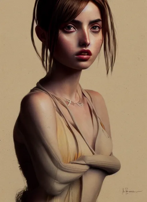 Prompt: hyper realistic zoomed out portrait of ana de armas wearing clothes from the fifth element, by hsiao ron cheng, ngai victo, nivanh chanthara jean delville wlop and dougherty patrick, trending on artstation, soft light