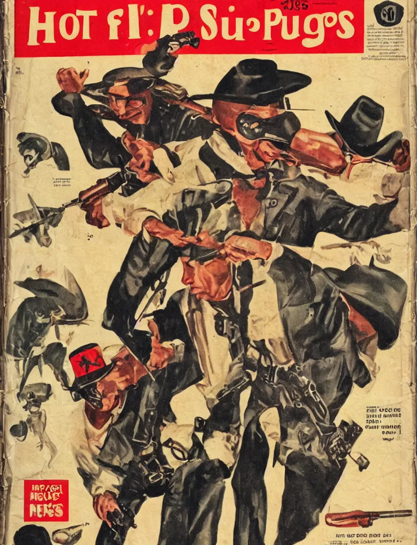 Image similar to 1950s pulp magazine featuring Hot Shots Megee a gunslinger cowboy who wears a Lone Ranger mask, detailed
