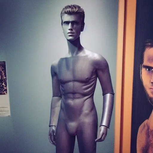 Image similar to “a realistic detailed photo of a guy who is an attractive humanoid who is half robot and half humanoid, who is a male android, actor Liam Hemsworth, shiny skin, posing like a statue, blank stare, at the museum, on display”