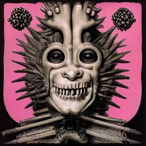 Image similar to post - punk album cover, asymmetrical design, dollar bank, new age, apocalypse, psychedelic, black white pink, magic, giger h. r., giuseppe arcimboldo