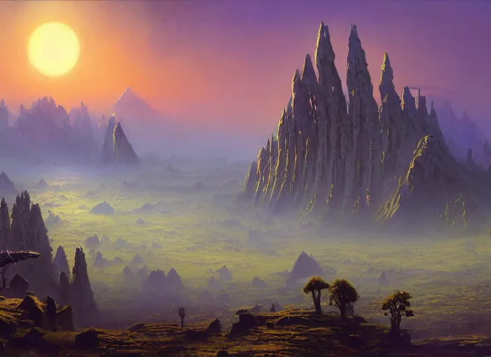 Prompt: The ash lands of Morrowind by Bruce Pennington, fantasy landscape, oil painting, 8k, featured on artstation, elegant, intricate