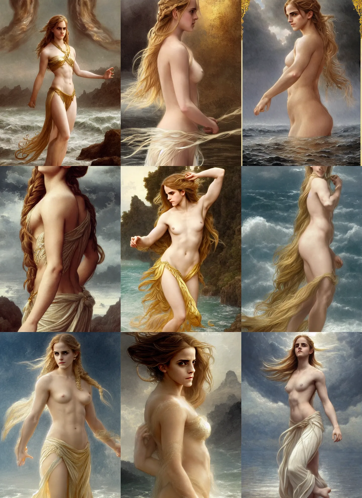 Prompt: emma watson as blond aphrodite, front view, long blond braided hair, walking on water, white and gold cloth in wind, intricate, moody, dark, highly detailed, artstation, concept art, sharp focus, illustration, bouguereau, rutkowski, mucha