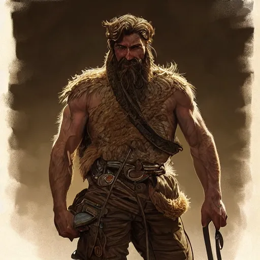 Prompt: portrait of a rugged ranger, 2 5 years old, muscular, upper body, hairy torso, d & d, fantasy, intricate, elegant, highly detailed, digital painting, artstation, concept art, smooth, sharp focus, illustration, art by artgerm and greg rutkowski and alphonse mucha