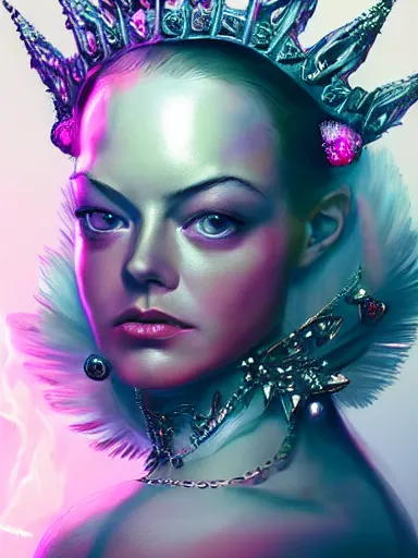 Prompt: pink portrait of young beautiful female angel queen Emma Stone head wearing shiny pink crown, subtle purple accents, hyper details, black metal rococo, sculpted by Alex Alice, Craig Mullins, yoji shinkawa, trending on artstation, beautifully lit, Peter mohrbacher, hyper detailed, insane details, intricate, elite, elegant, luxury, ray of light through smoke, CGsociety, hypermaximalist, golden ratio, volumetric, octane render, weta digital, micro details, 3d sculpture