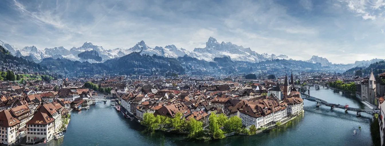 Image similar to Photo of Zurich, looking down the Limmat at the lake and the alps, Hardturm, Grossmünster, wide angle, volumetric light, hyperdetailed, light water, artstation, cgsociety, 8k