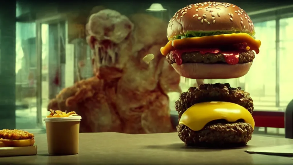 Image similar to the strange cheeseburger creature at the fast food place, film still from the movie directed by denis villeneuve and david cronenberg with art direction by salvador dali and zdzisław beksinski, commercial, wide lens