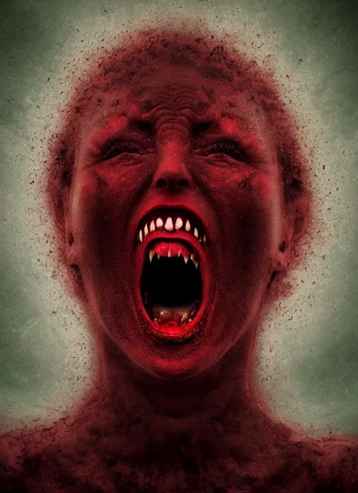 Image similar to dramatic dark red matte portrait painting of screaming insane woman with black mandelbrot fractal instead of face, horror, body horror, dark art, 4 k, detailed, realistic, psychotic, insane, crazy, mental illness, dramatic,