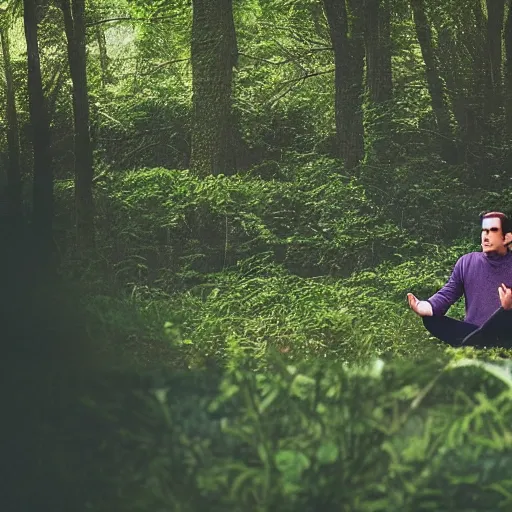 Image similar to Michael Scott meditate in forest, realistic photo, 90mm