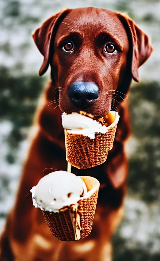 Prompt: a brown lab eating ice cream, hd photography