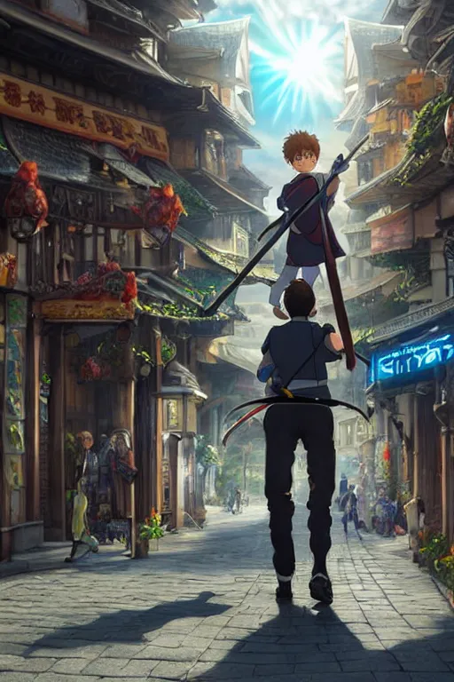 Image similar to ultra detailed keyart of sci - fy movie, a boy carrying a sword in his back is riding a simple bycycle in the main street of isekai shinjuku