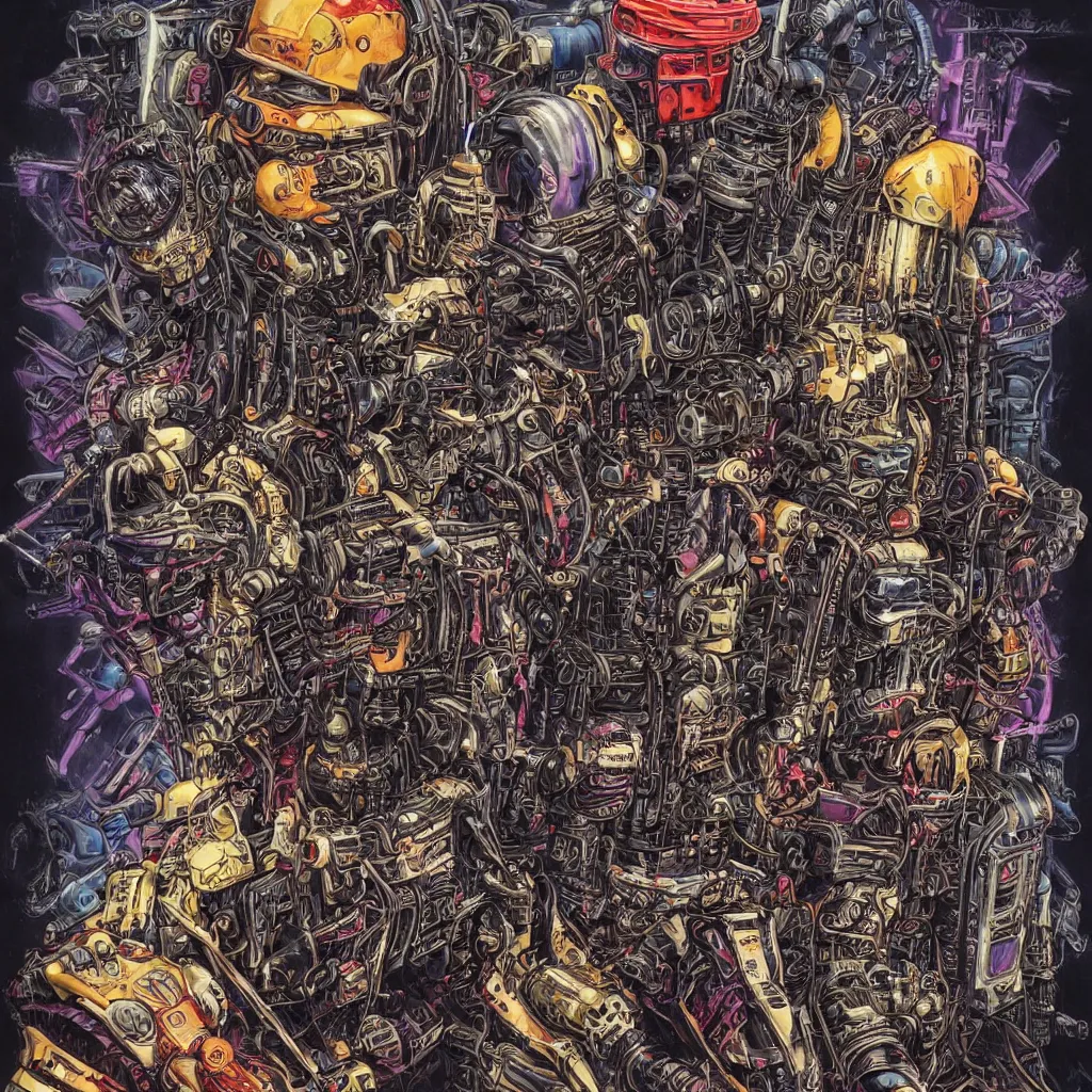 Prompt: A dramatic full-color cyberpunk nouveau illustration of the original members of Motorhead as futuristic leatherpunk rebel soldiers, hyperdetailed artwork by Walt Simonson and Bill Sienkiewicz, wild power, crazy fun, rebelliousness, confident, laughing, dark eyes, tarnished and rusted metal, Mad Max Road Warrior aesthetics, perfectly symmetrical facial features, 8k, deeply realistic hyperdetail, moody volumetric lighting, realistic facial details, 8k, UHD, HDR