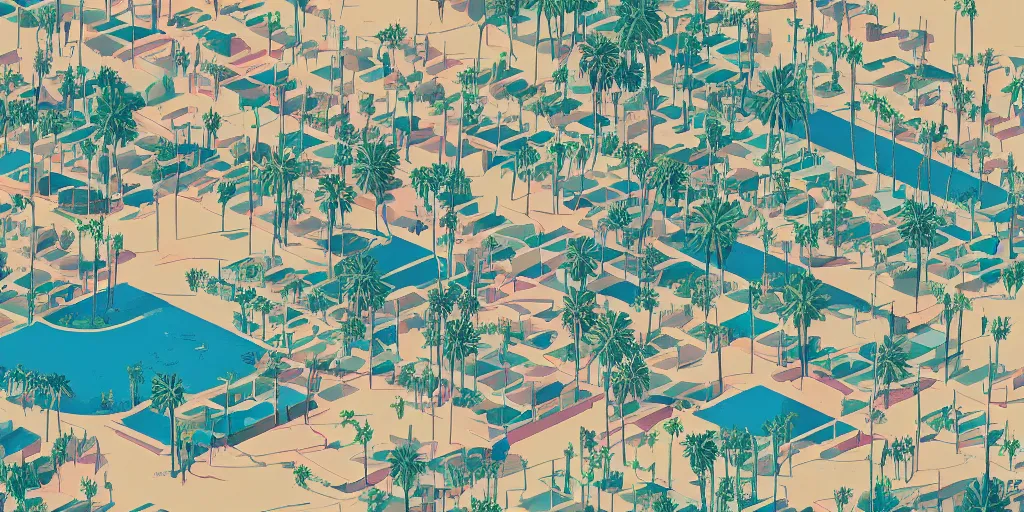 Prompt: a beautiful illustration of Palm Springs by James Gilleard, geometric lines, 8k, 4k