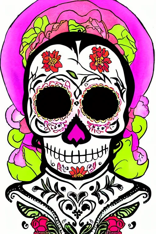 Image similar to illustration of a sugar skull day of the dead girl, art by derek riggs
