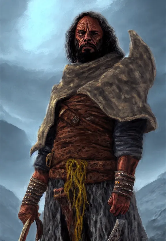 Prompt: a solitary randy savage wearing a heavy cloak with an anchor slung over his shoulder alone full body rocky desolate wasteland | portrait | fantasy impressionist acrylic painting | middle earth | pathfinder | artstation | conan | darksun | d & d dungeons and dragons | barbarian