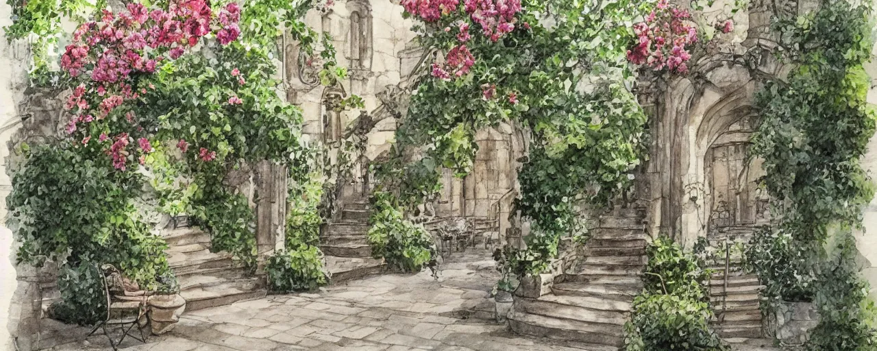 Image similar to flower, courtyard walkway, fountain, castle, stairway, chairs, wrought iron, gate, tree, delicate, botanic garden, road, botanical herbarium paper, watercolor colored painting, iridescent colors, 8 k, realistic shaded, fine details, artstation, italian style, colonnade