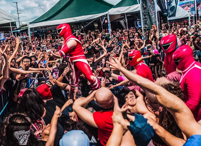 Image similar to photo still of putties from power rangers at the vans warped tour!!!!!!!! at age 3 6 years old 3 6 years of age!!!!!!!! stage diving into the crowd, 8 k, 8 5 mm f 1. 8, studio lighting, rim light, right side key light