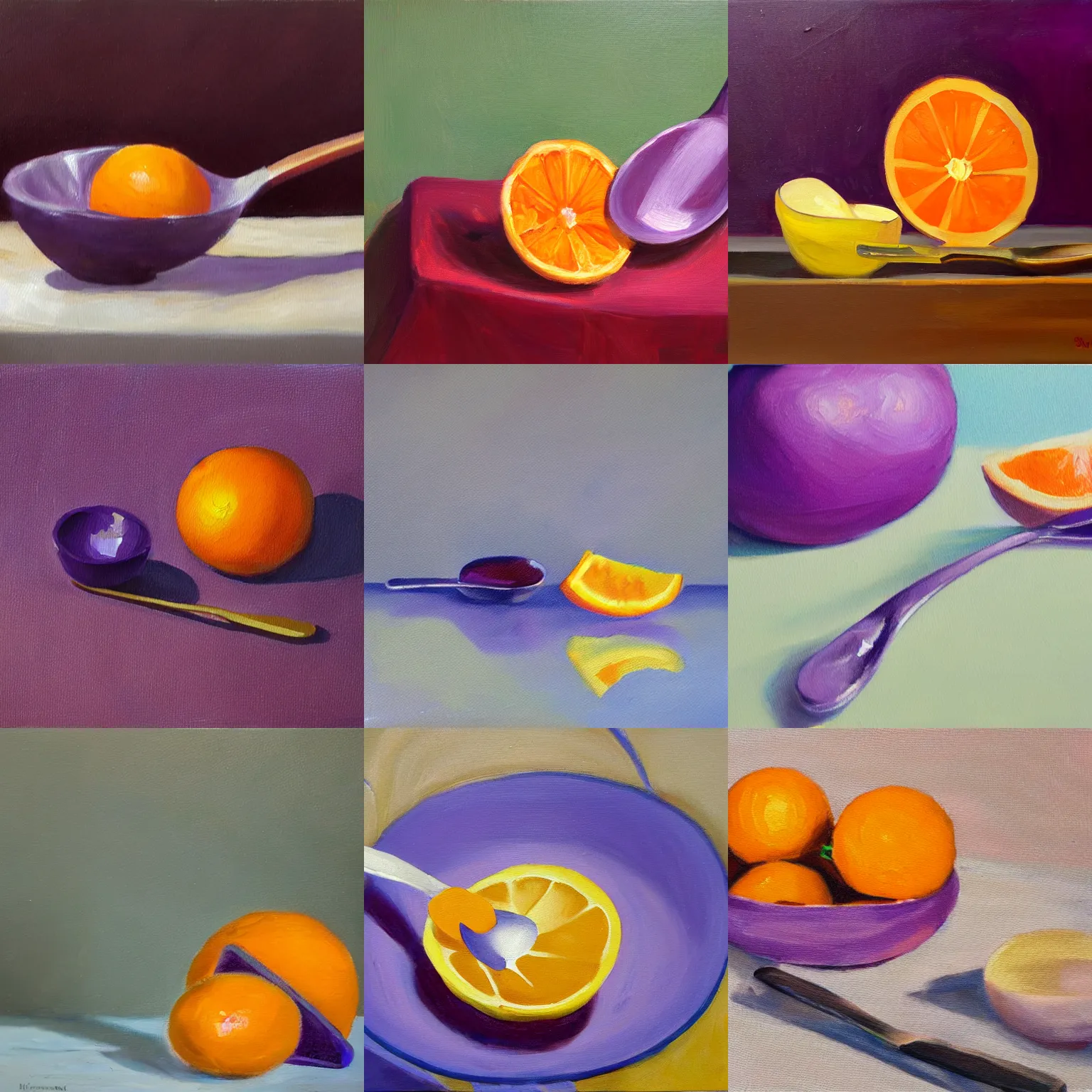 Prompt: oil painting of a purple spoon surrounded by oranges