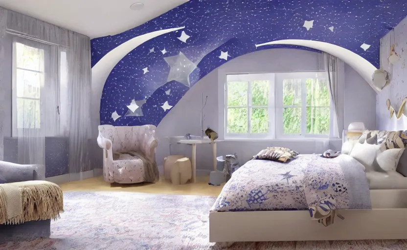 Image similar to a bedroom made of dreams and crescent moons and stars
