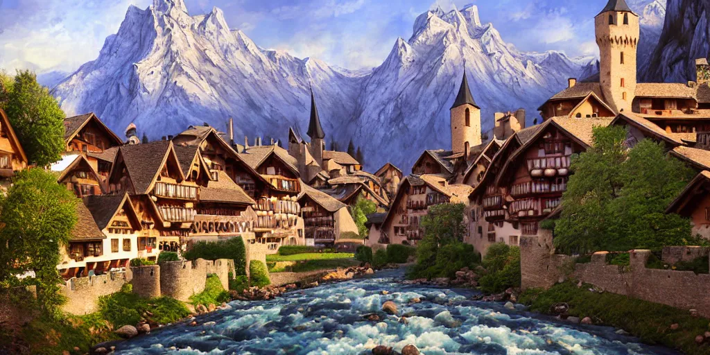 Prompt: view of a medieval walled city nestled in a mountain with small river flowing through center, large castle high up in a mountain peak in the background, alpine architecture, half - timbered, tudor style houses, chalet, soft colors, cozy, very beautiful, intricate, majestic, concept art, artgerm, james gurney, trending on art station