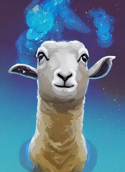 Image similar to a painting of a lamb's face with blue and yellow smoke coming out of, a digital painting by petros afshar, behance contest winner, digital art, behance hd, digital illustration, digital painting