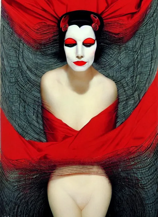 Prompt: an 8 0 s portrait of a woman with dark eye - shadow and red lips with dark slicked back hair, a mask made of wire and beads, dreaming acid - fueled hallucinations by serge lutens, rolf armstrong, delphin enjolras, peter elson, red cloth background