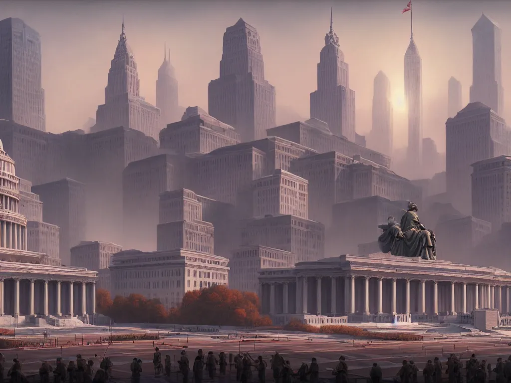 Prompt: landscape matte painting by fan wennan. communist american future capitol shining in the sun after the triumph of socialism in america, highly detailed, artstation, 8 k, photorealistic, hyperrealism, grounded rectangular communist governmental architecture, statue, imposing, strength, abundance. american communist party. america 2 0 9 8