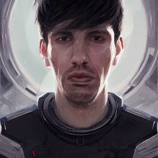 Image similar to portrait of a shocked man by greg rutkowski, he is about 3 0 years old, short black hair with bangs, scared and incredulous, very tall and slender, he is wearing futuristic space gear, highly detailed portrait, digital painting, artstation, concept art, smooth, sharp foccus ilustration, artstation hq