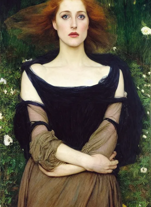 Image similar to a beautiful painting of young gillian anderson by John Everett Millais and Dante Gabriel Rossetti and John Collier and john william waterhouse, pre-raphaelite, detailed, trending on artstation