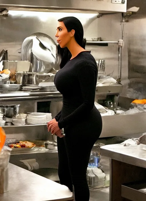 Image similar to film still of kim kardashian as Gordon Ramsay in kitchen nightmares,