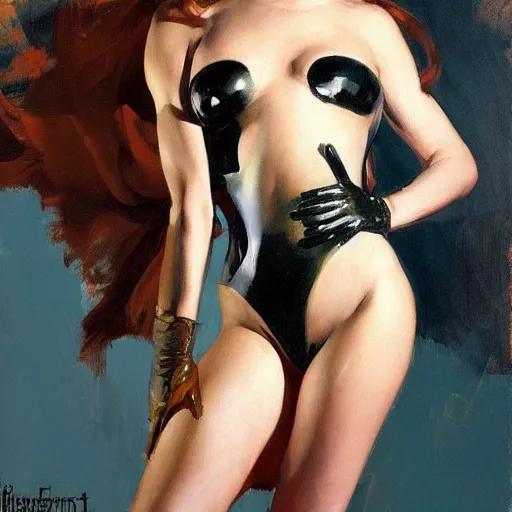 Prompt: greg manchess painting of of a female wearing a latex suit, painting, trending on artstation, by huang guangjian and gil elvgren and sachin teng