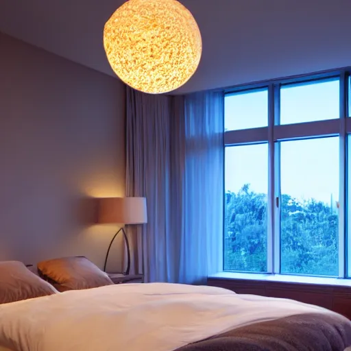 Image similar to a futuristic furnished bedroom with a large window at sunset, godrays, luxury white bed, warm lighting