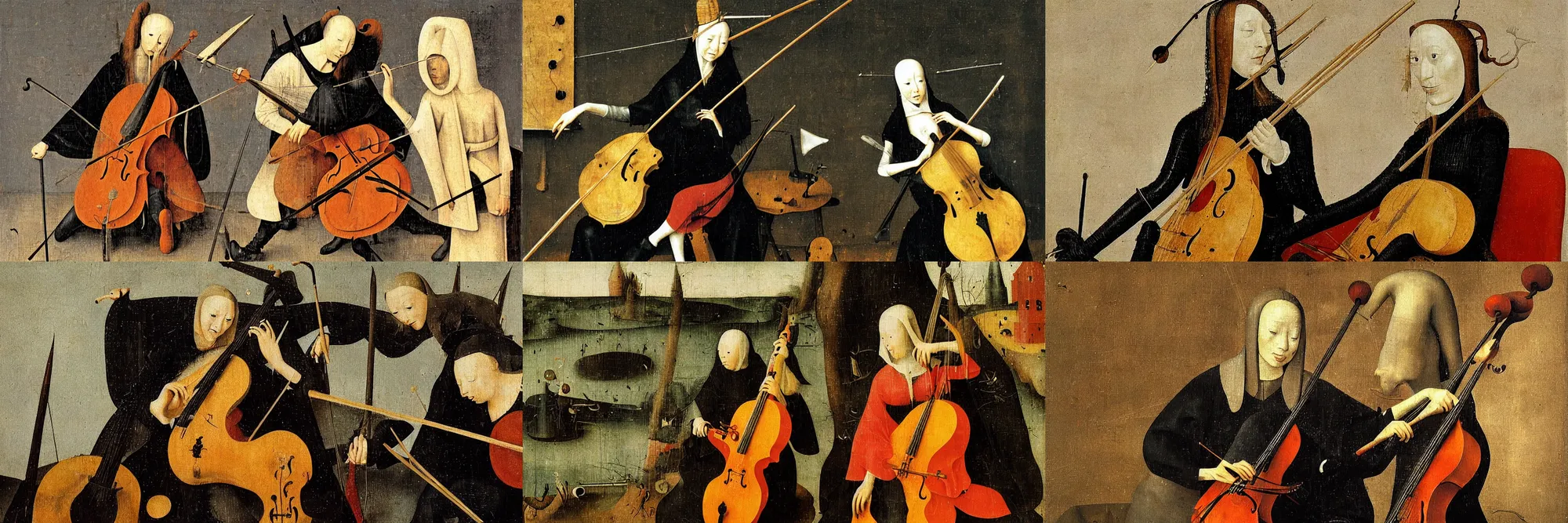 Prompt: a female cellist by Hieronymous Bosch