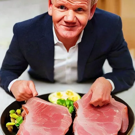 Image similar to gordon ramsay's face on a cooked leg of ham on a plate