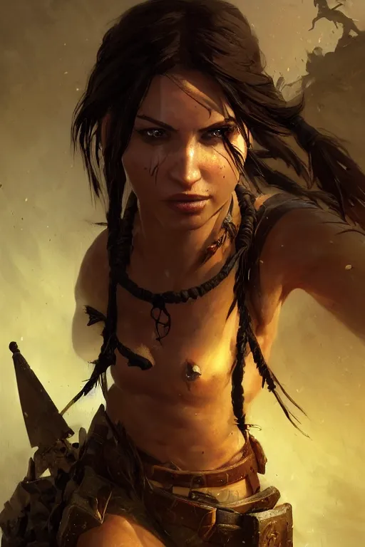 Image similar to lara croft, legendary warrior, heroic fighter, world of warcraft, decorative ornaments, battle armor, by carl spitzweg, ismail inceoglu, vdragan bibin, hans thoma, greg rutkowski, alexandros pyromallis, perfect face, sharply focused, sharply detailed, centered, rule of thirds, realistic shading