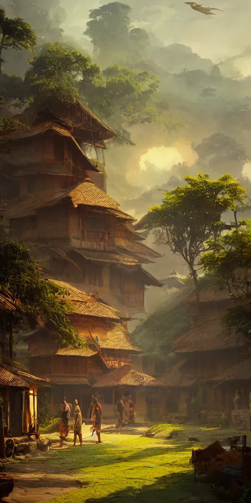 Image similar to kerala village, sharp focus, wide shot, trending on ArtStation, masterpiece, by Greg Rutkowski, by Ross Tran, by Fenghua Zhong, octane, soft render, oil on canvas, colorful, cinematic, environmental concept art