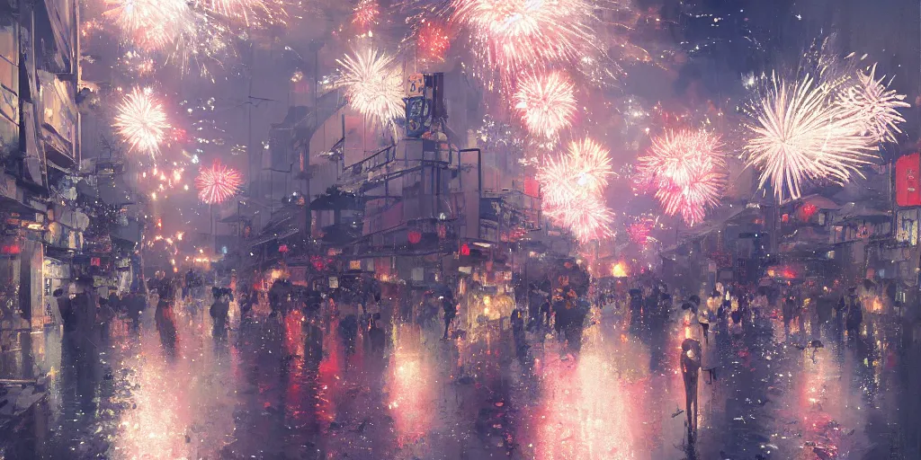 Image similar to anime kyoto animation key by greg rutkowski night, fireworks festival, kimono