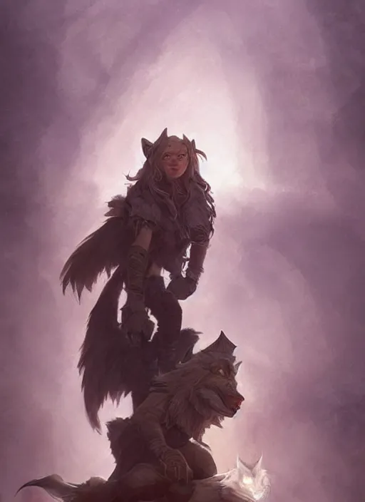 Image similar to a small girl mage sitting on the shoulder of a werewolf guardian, ultra detailed, fantasy, dramatic lighting, trending on artstation, award - winning, artgerm and greg rutkowski, 8 k