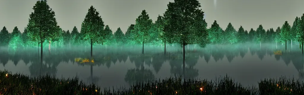 Image similar to fantasy forest of glowing trees and glowing flying insects, a lake reflecting the lights, myst on the air, cinematic feel, hyper realistic, high detail, blender render .