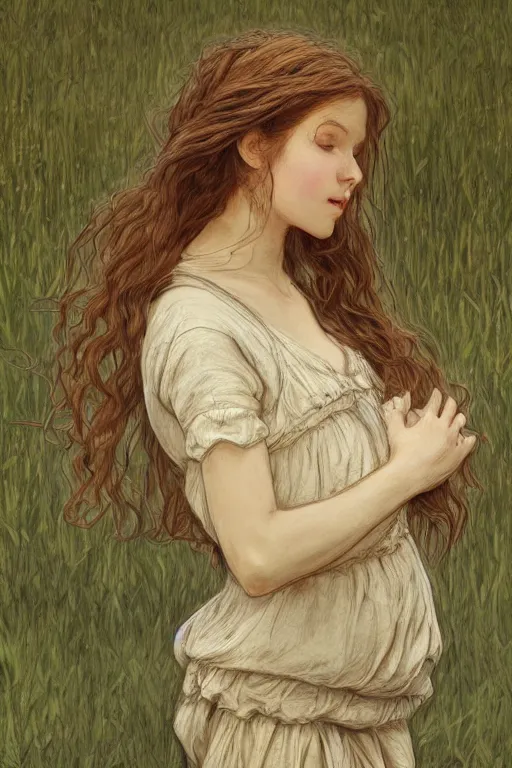 Prompt: beautiful natural coy cottagecore peasant maiden plain girl, life drawing, intricate, elegant, highly detailed, digital painting, artstation, concept art, smooth, sharp focus, master illustration, art monet and mucha