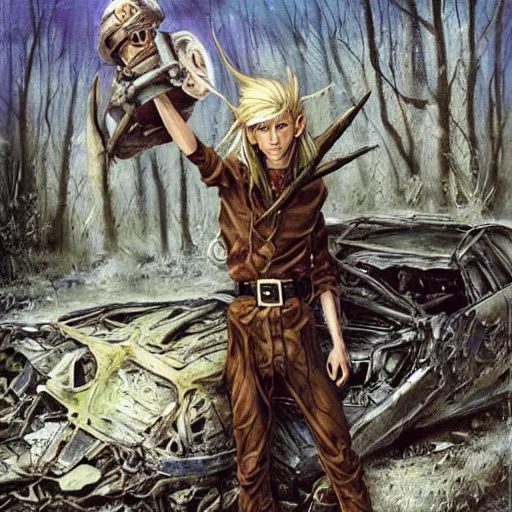 Image similar to a skinny high-fantasy elf with a long narrow face and spiky blonde hair wearing dark brown overalls and holding a bomb next to a destroyed car, painting by Ed Binkley