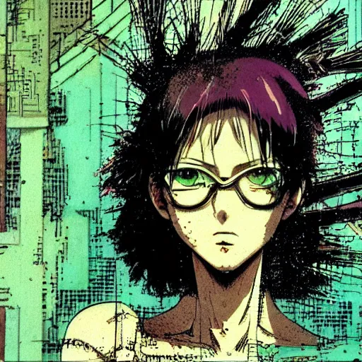 Image similar to anime of a punk cyborg woman, water particles floating in the air, finely detailed facial features, weathered drawing, film grain, bright neon lighting, dark pastel colors, drawn by satoshi kon, katsuhiro otomo