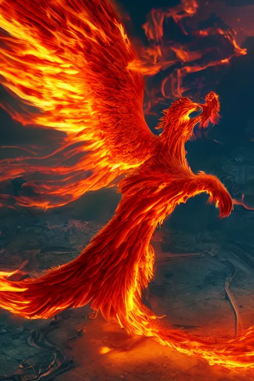 Image similar to photograph of a flaming phoenix, fantasy, ultra detailed, photorealism, 4k, 8k, cinematic lighting