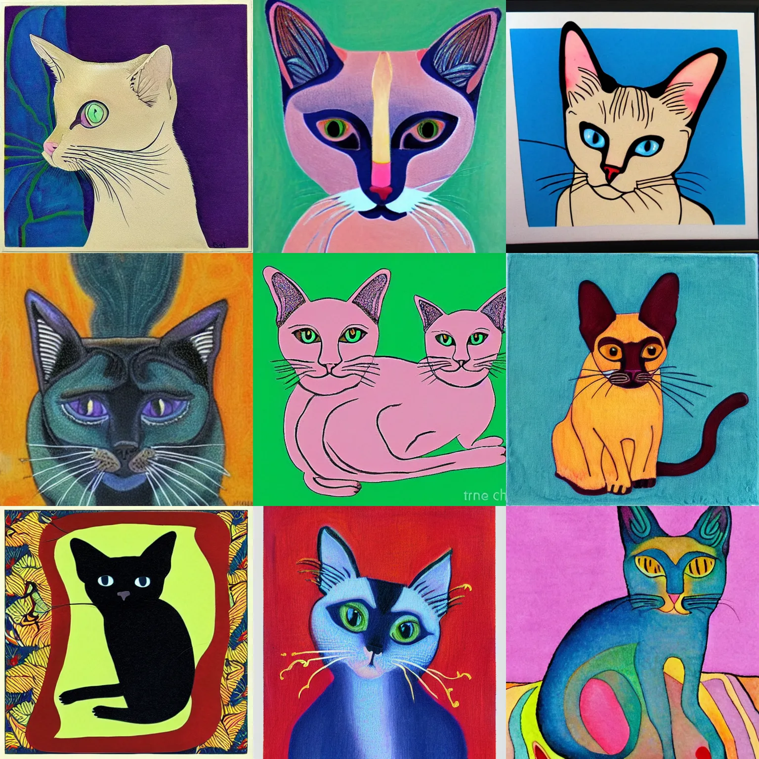 Prompt: siamese cat in the style of laurel burch