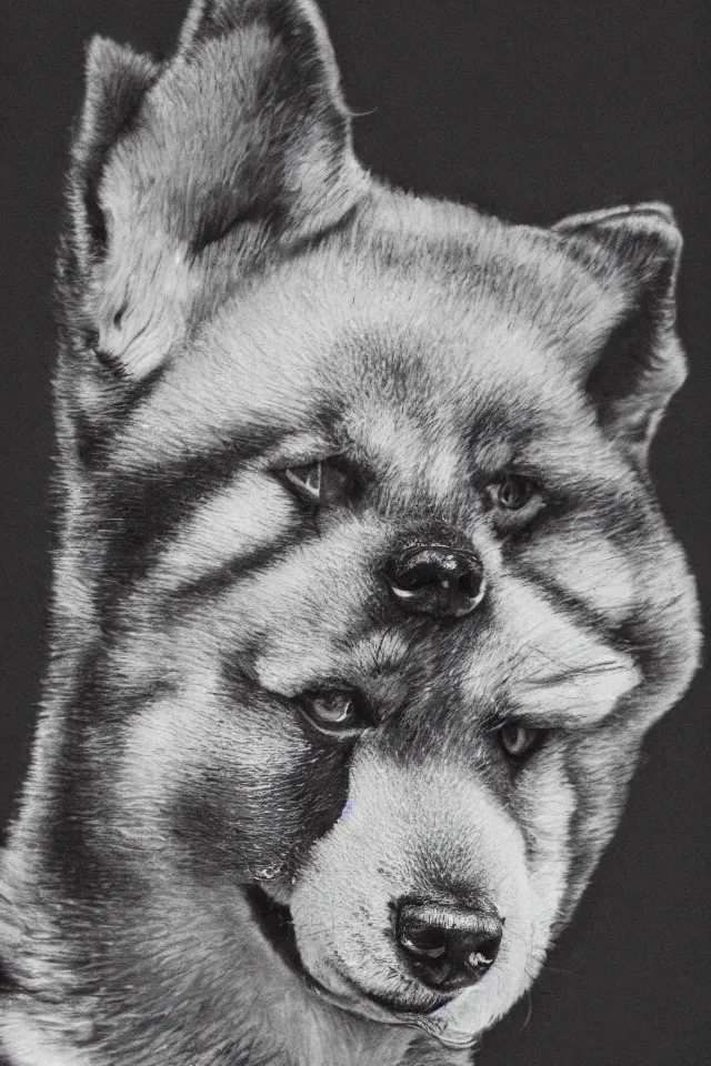 Prompt: a portrait of a shiba inu on stage with carlos santana, hyperrealistic, realistic, highly detailed, b & w, 4 k