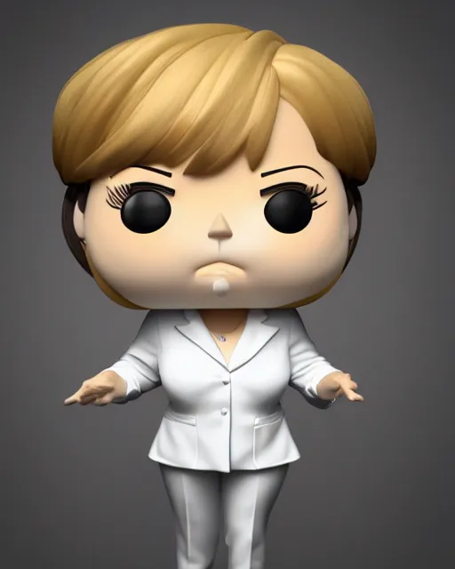 Image similar to full body 3d render of angela merkel as a funko pop, studio lighting, white background, blender, trending on artstation, 8k, highly detailed