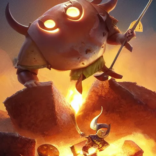 Image similar to viking battle toast, a slice of toasted bread with a face, arms and legs, holding a sword, cute, pixar, volumetric lighting, dynamic composition, fantasy, hyper detailed, ultra realistic, sharp focus, octane render, concept art by ruan jia and heng z and artem