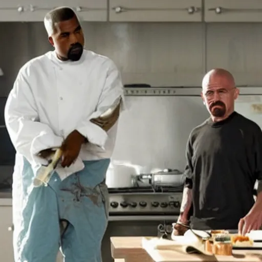 Prompt: Kanye west in an episode of Breaking Bad cooking meth with Walter White