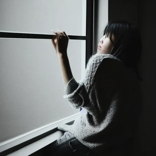 Prompt: a woman sitting on a window sill looking out the window, hands holding her face, grey sweater, a stock photo by chen jiru, tumblr, aestheticism, movie still, pretty, pixiv