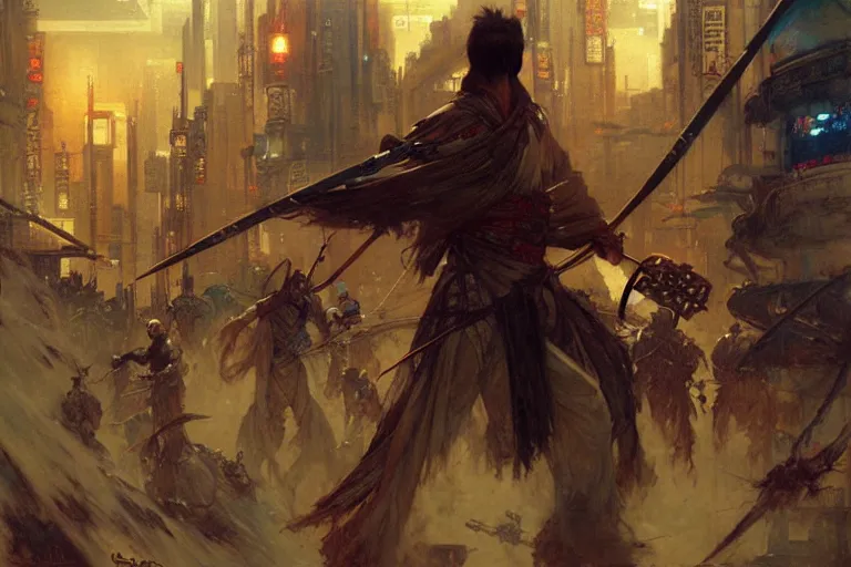 Image similar to wuxia, cyberpunk, painting by gaston bussiere, craig mullins, j. c. leyendecker